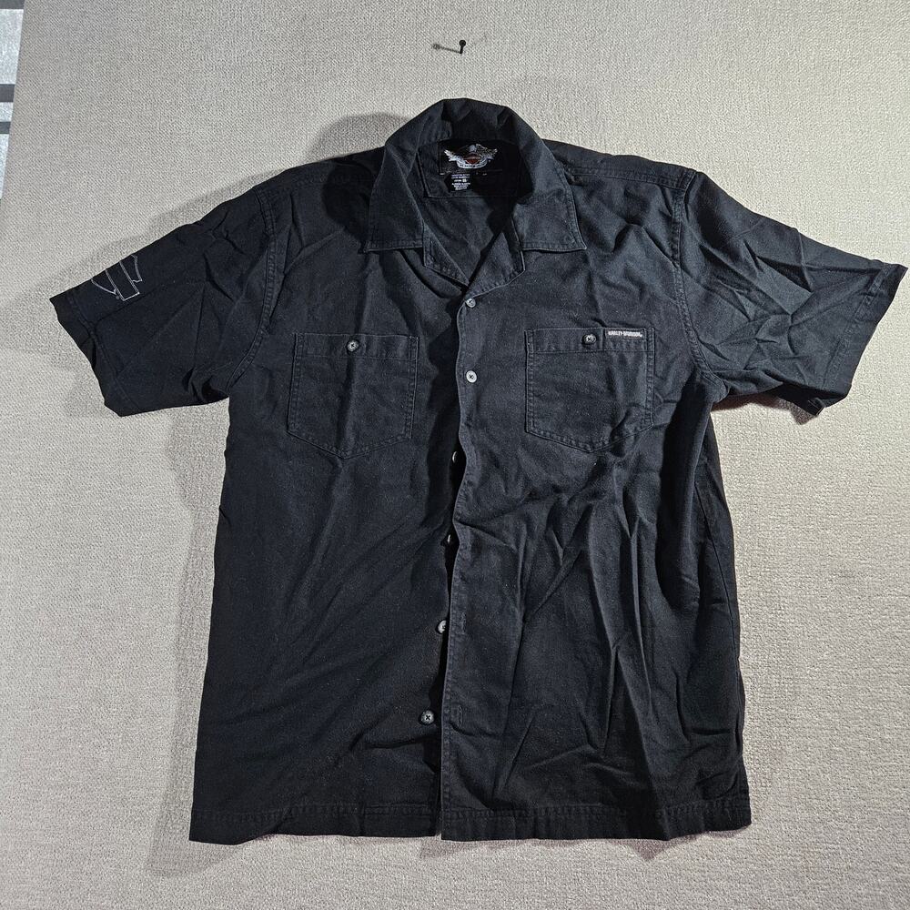 Harley Davidson Flame Button Up Shirt Mens M Black Embroidered